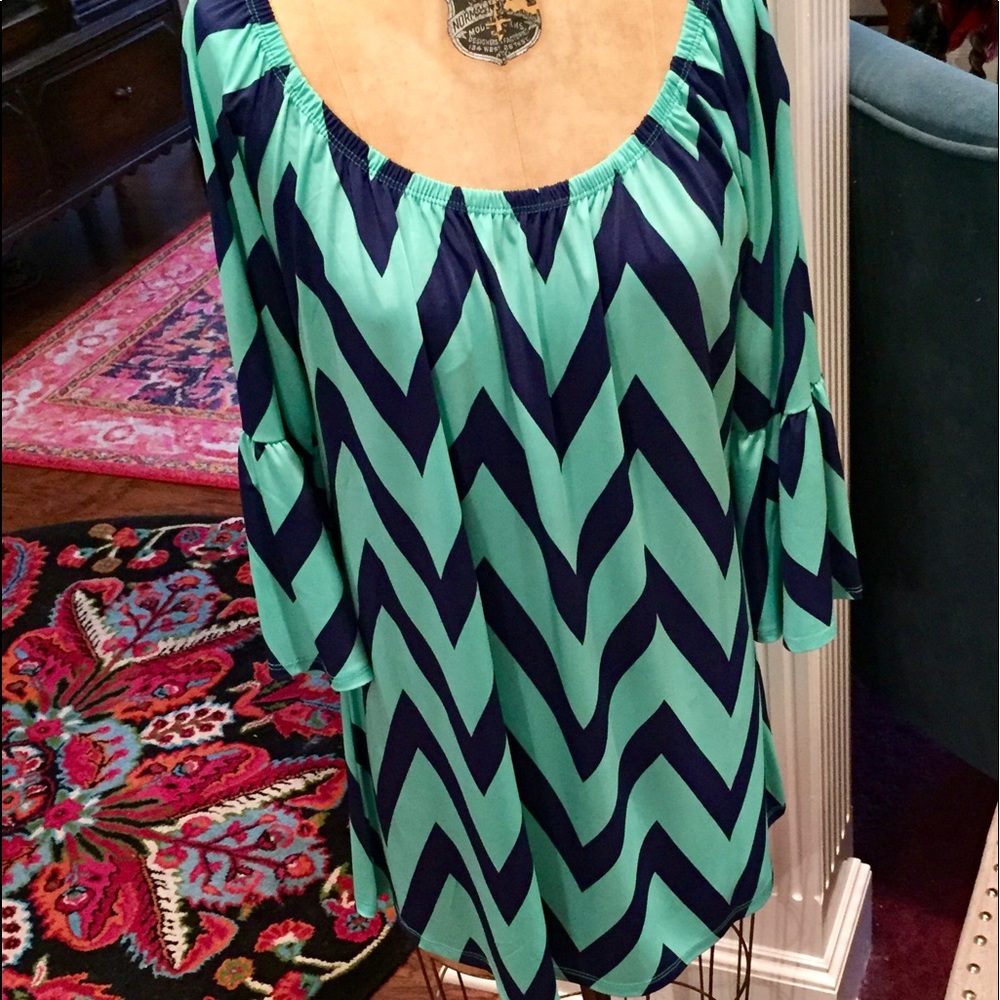 Chevron-Print Mini-Dress/turquoise/navy